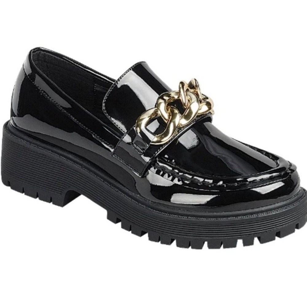 New Wide Black Patent Gold Chain Slip On Platform Penny Loafers